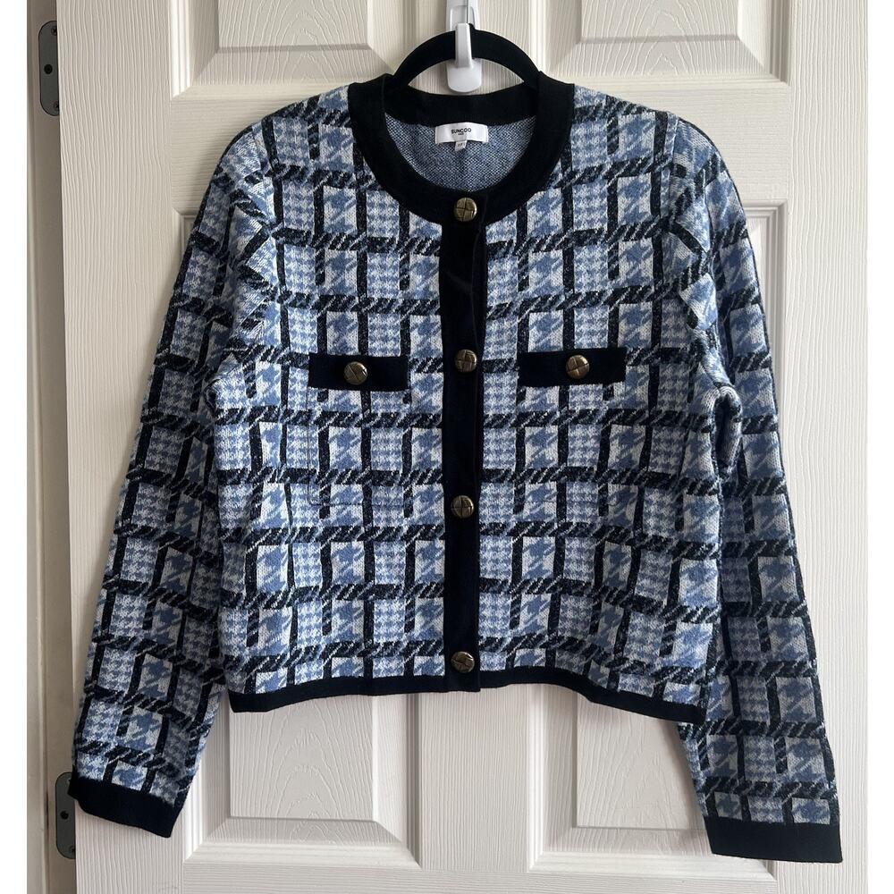 SUNCOO Paris Diane Blue Plaid Knit Boucle Cardigan Jacket Blazer Sz T3 US L